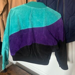 Vintage Colorblock Suede Leather Bomber Jacket Teal Purple Black